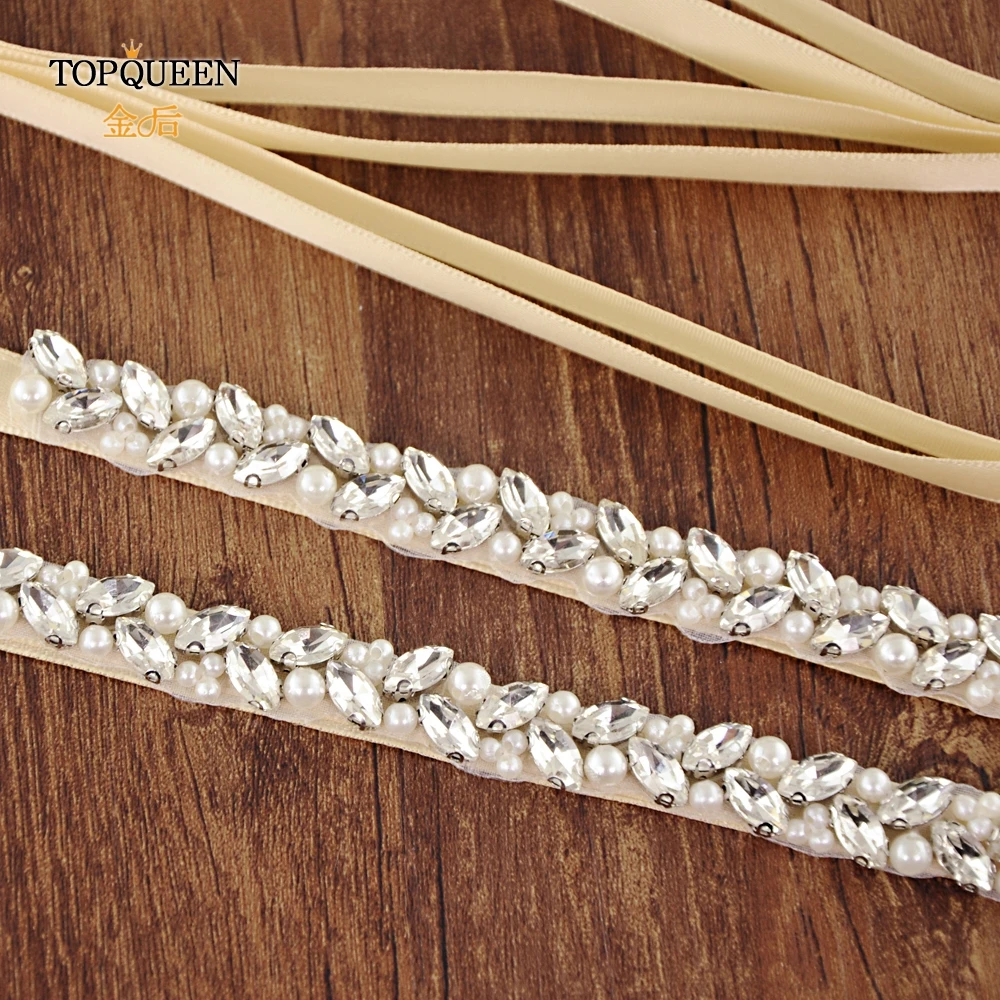 TOPQUEEN S383-S Wedding dress belt pearl Sliver diamond belt luxury rhinestone belt rhinestone trim applique bridal belt
