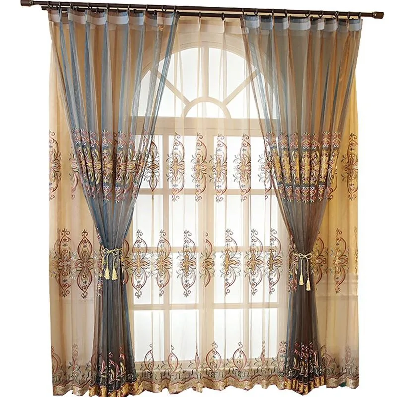 

European and American Style Luxury Embroidered Tulle Blue Coffee Gradient Tulle Curtains for Living Room Bedroom