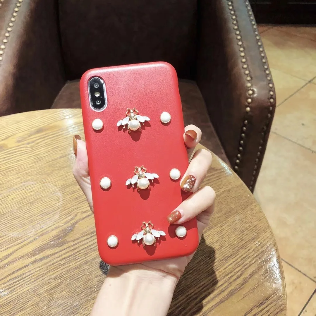 Роскошный кожаный мягкий чехол для телефона для iphone 7 чехол 3D мода алмаз пчела жемчуг Классический чехол для iphone 6 6s 7 8 plus X XR XS Max