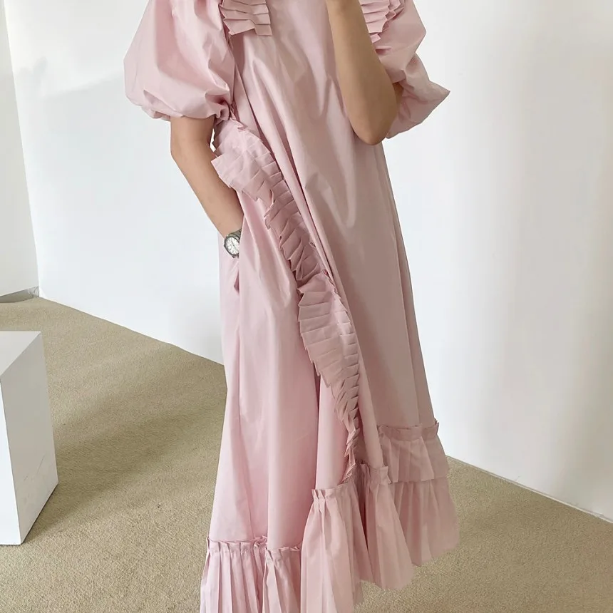 

Korean Summer Round Neck Organ Side Bubble Sleeve Long Short Sleeve Dress