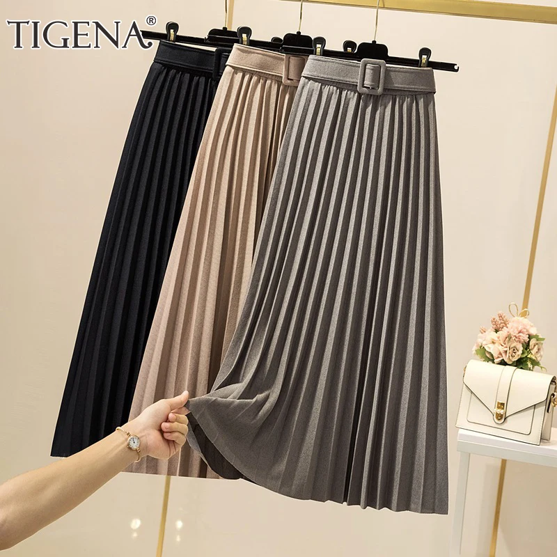

TIGENA Autumn Winter Women Pleated Skirt 2021 New Casual Solid All-match A Line High Waist Midi Long Skirt Female with Belt