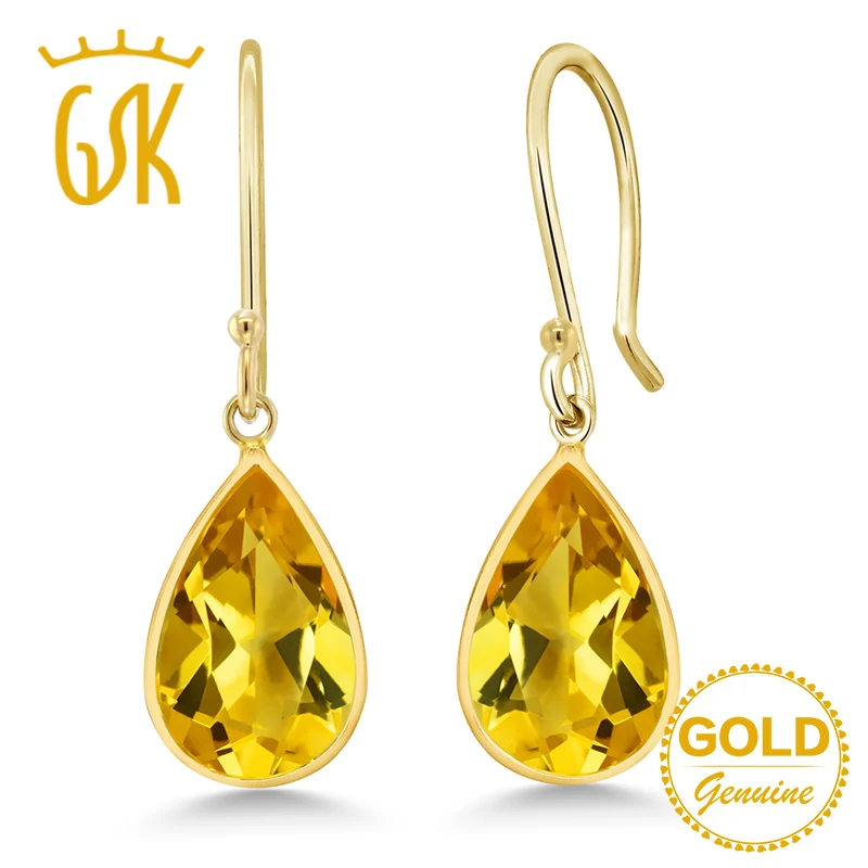 GemStoneKing 14K желтого золота ювелирные украшения груша Форма 8x12 мм натуральный цитрин камень Висячие серьги для Для женщин