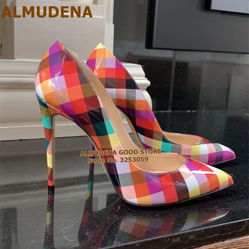 ALMUDENA Multicolor Checkered High Heel Shoes Colorized Plaid 12 10 8cm Gladiator Shoes Slip-on Shallow Wedding Pumps Size45