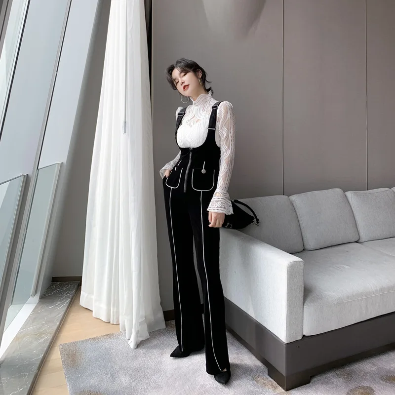 Женский элегантный черный бархатный комбинезон Длинные Комбинезоны сексуальные