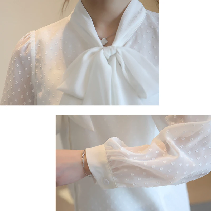 

2020 Autumn New Long Sleeve Chiffon Blouse Women Solid Lace Elegant Bow Collar Slim Fit Ladies' Tops Blusas Mujer De Moda 10703