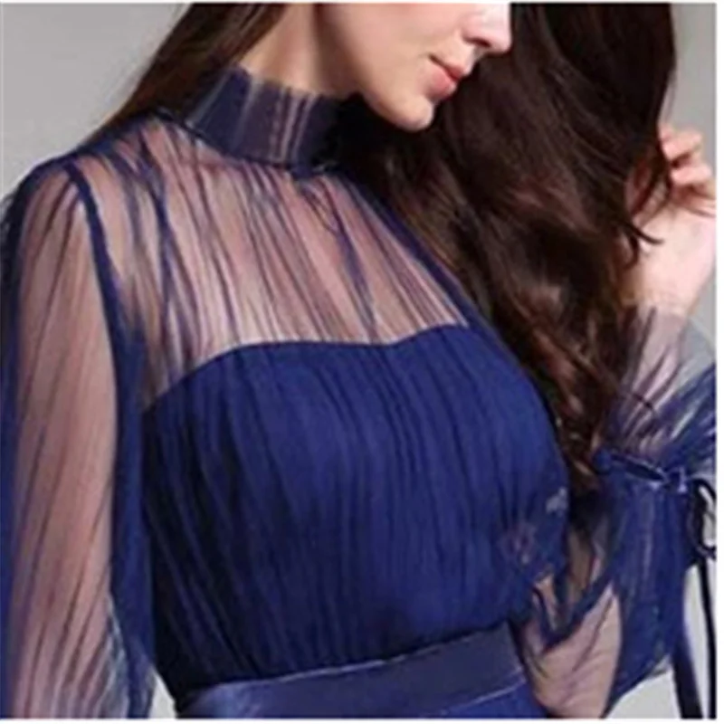 

Women Dress 2021 New Spring And Autumn Blue Plus Size S-2XL Temperament Round Neck High Waist Fashion Long Dress Feminina GH36