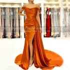 Женское длинное вечернее платье с юбкой годе, оранжевое платье с разрезом сбоку и открытыми плечами, платье для выпускного вечера, 2019
