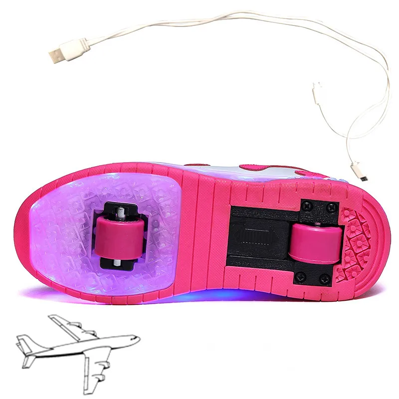 

White Pink Blue USB Charging Fashion Girls Boys LED Light Roller Skate Shoes For Children Kids Sneakers With Wheels Two wheels
