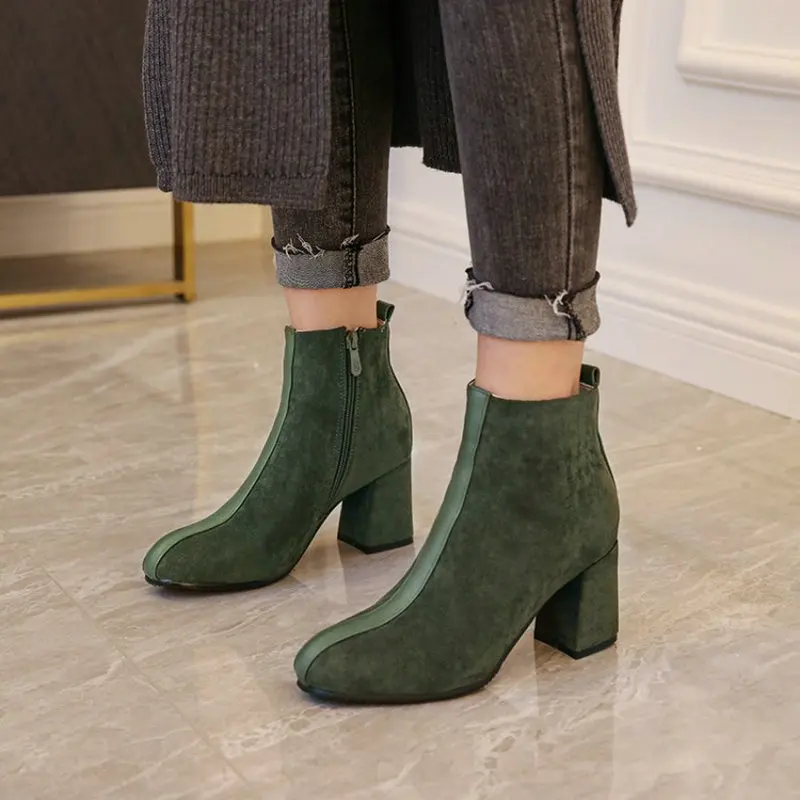 2020 yeşil yuvarlak ayak tıknaz yüksek topuklu polar içinde bayan botları fermuarlı moda kadın yarım çizmeler kış ayakkabı büyük boy 44 45