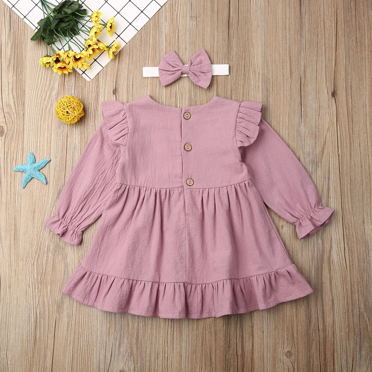 Pudcoco Toddler Baby Girl Clothes Solid Color Long Sleeve Ruffle Casual Tutu Dress Headband 2Pcs Outfits Cotton | Детская одежда и