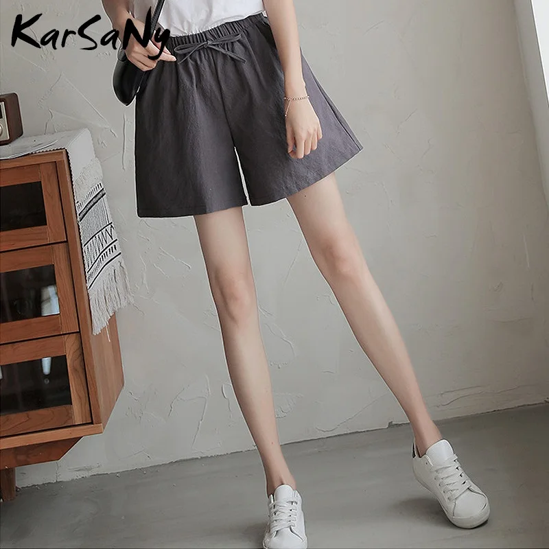 

Летние льняные шорты для женщин, хлопковые шорты, летние свободные шорты из хлопка и льна с широкими штанинами и высокой талией, эластичные, 2020