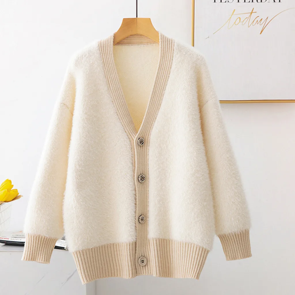 Women Sweater Solid Cardigan 2019 New Fashion Autumn Winter Long Sleeve Button Loose Knitted female Sweaters Coat F821 |