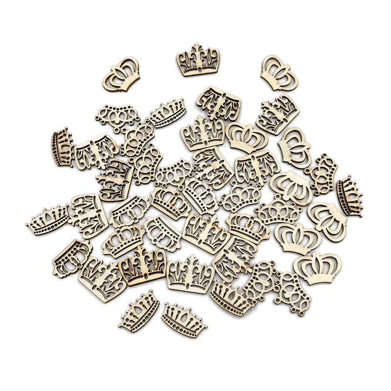 

50PCS Cartoon Hollow Out Crown Shape Wooden Pieces Cutouts Craft Embellishments Wood Ornament Manual Accessories for DIY Art
