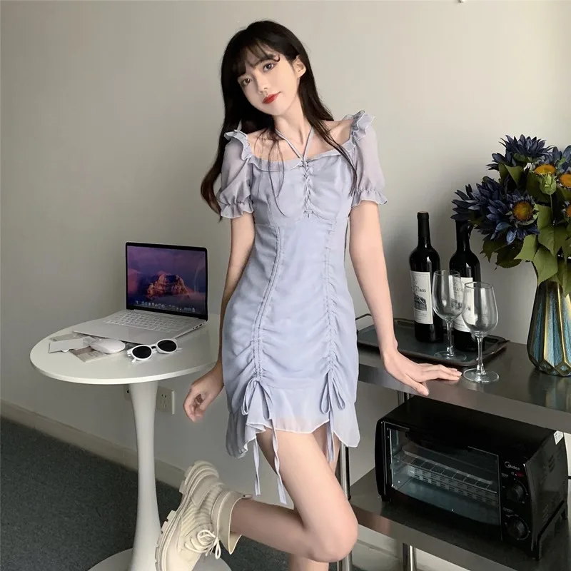 

Plus Size Bdycon Dress Summer 2021 New Lace Chiffon Mini Halter Club Dress Sexy Ladies Short Sleeve Sundress