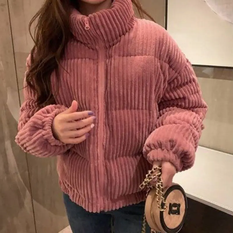 

Women Parkas Solid Zipper Corduroy Pockets Stand Collar Vintage Hong Kong Style Ulzzang Cropped Bread Coats Females Winter Warm