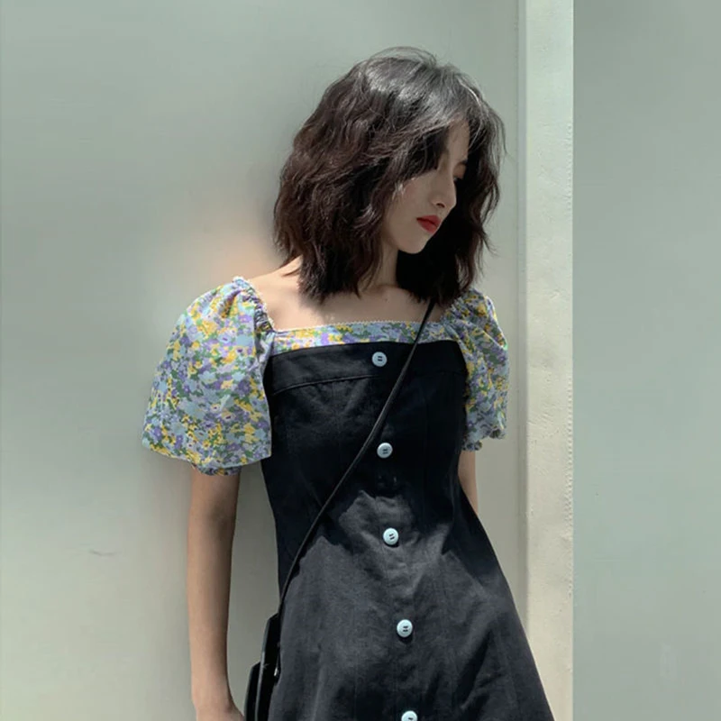 

Summer 2021 Dress Women Fashionable Streetwear Patchwork A-Line Vintage Female Puff Sleeve Mini Square Collar French Retro Dress