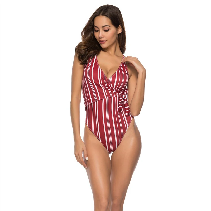 Полосатый слитный купальник 2020 женский сексуальный летний монокини с открытой