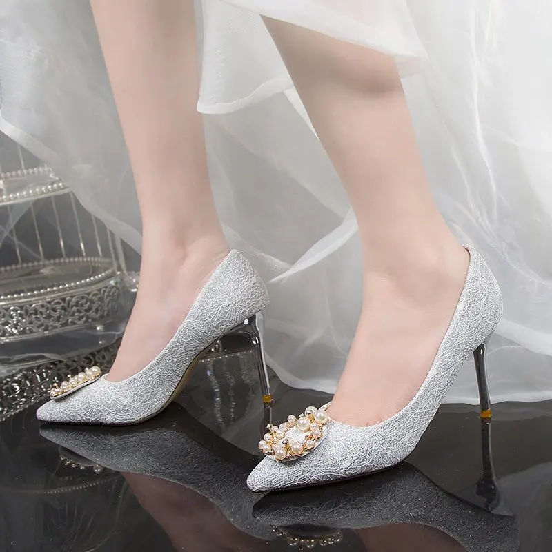 

Llogai Women's Shoes Fashion Sexy Nightclub Slim Pumps Stiletto High Heel Wedding Shoes Pointed Satin Pearl Buckle Single Shoes