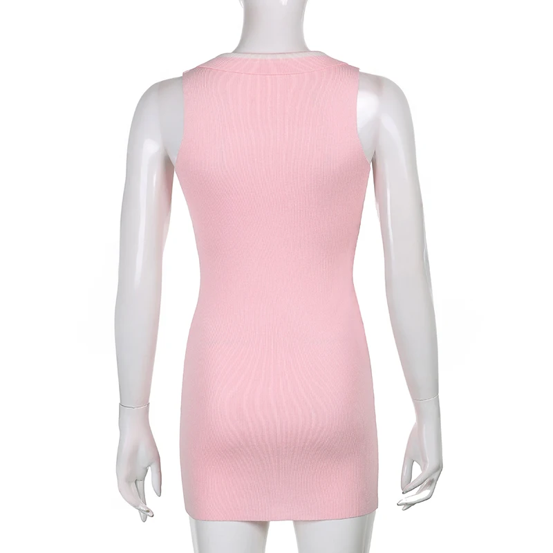 

Sweetown Women Fashion Elegant Streetwear V Neck Mini Dress Summer 2021 New Solid Pink Knit Stretch Slim Office Lady Dresses