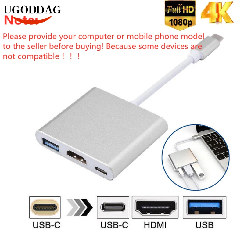 USB-C Digital AV Multiport Adapter USB 3.1 Hub Type C to USB 3.0 HDMI Type C Female Charger Converter for MacBook Pro Air Galaxy