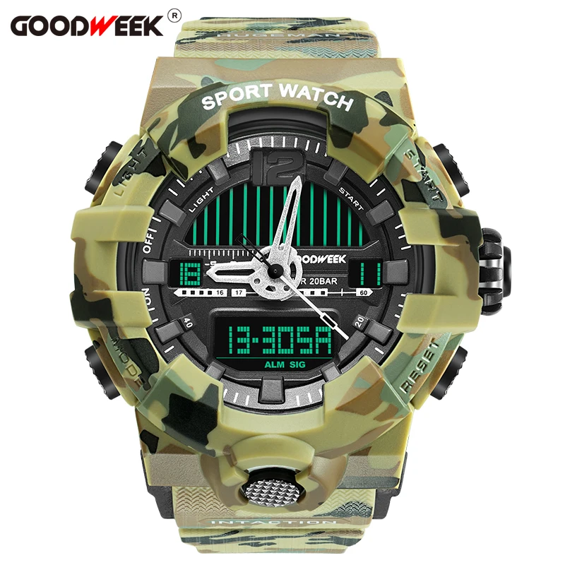 khaki GOODWEEK армейские военные спортивные часы мужские цифровые водонепроницаемые противоударные кварцевые часы с хронографом и двойным дисплеем Reloj - Цвет: khaki