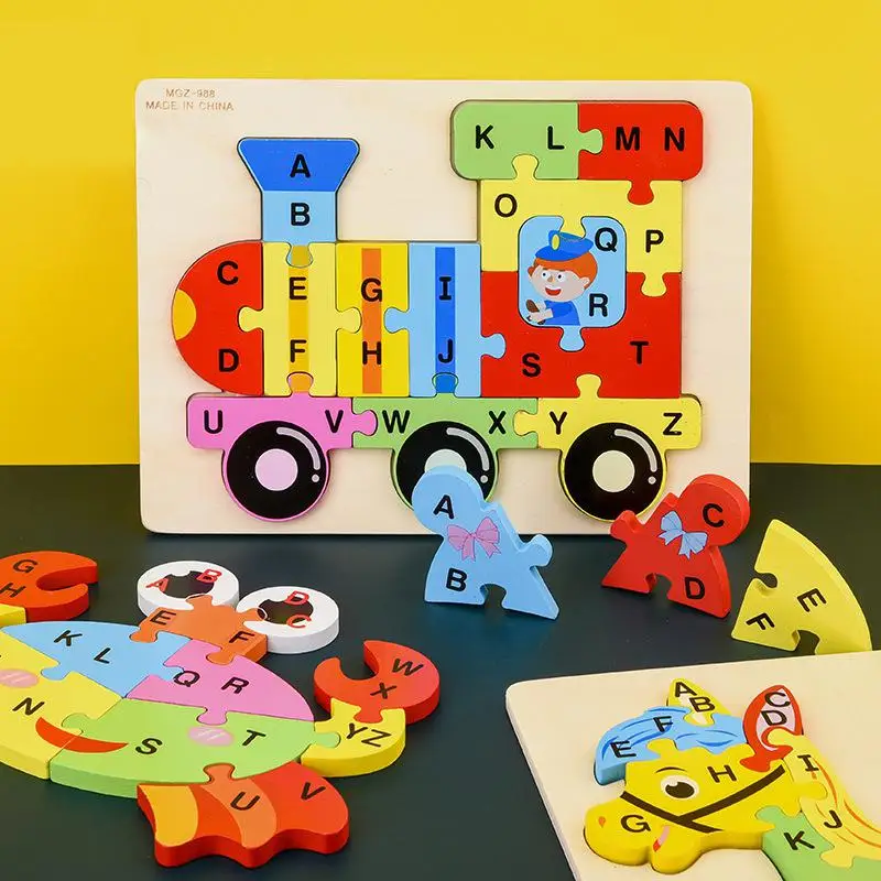 

Детский деревянный 3D-пазл в виде животного, буквы, подходящие строительные блоки, занятая доска, Дошкольная развивающая детская игрушка Мон...