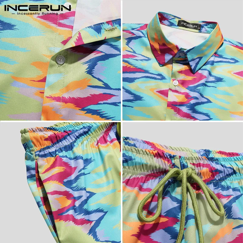 

2021 Printed Men Hawaiian Sets Streetwear Lapel Short Sleeve Shirt Beach Shorts Summer Casual Men Suits INCERUN 2 Pieces S-5XL