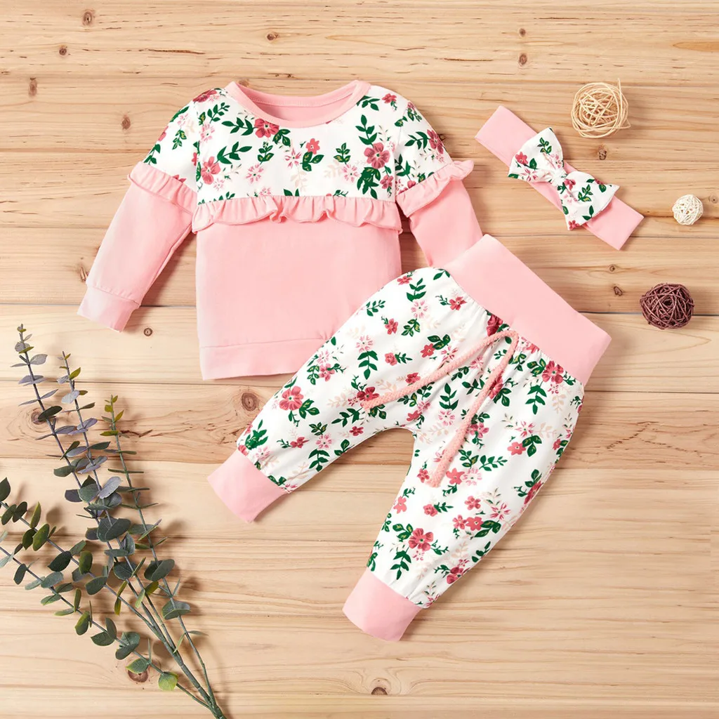 Комплект одежды для маленьких девочек 3 шт. Топ с длинным рукавом и цветочным