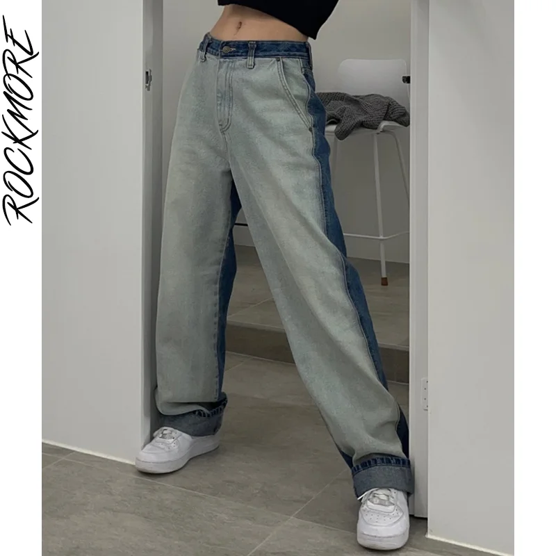 

Rockmore Vintage Patchwork Jeans Women Baggy Wide Leg Pants y2k Boyfriend High Waist Cargo Denim Straight Trousers Harajuku 2021