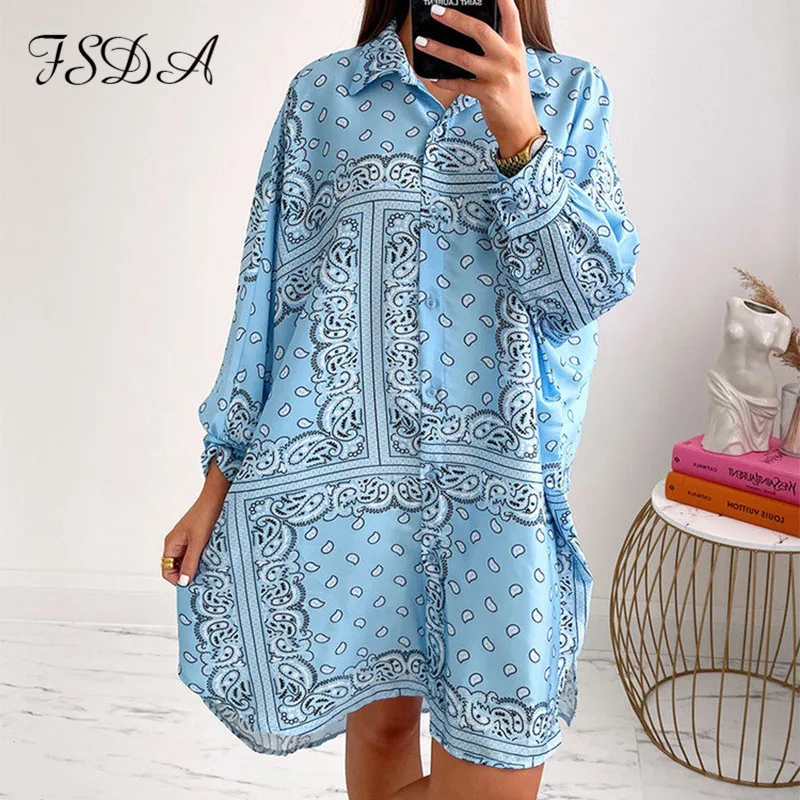 Женское платье-рубашка с принтом бандана Повседневная Блузка длинным рукавом и