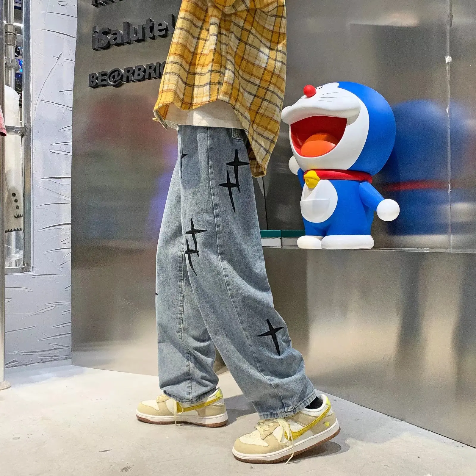 ICCLEK High Street Washed Jeans Men's Jeans Embroidered Jeans Straight Casual Pants Men Jeans  Skinny Jeans  Straight Leg Jeans