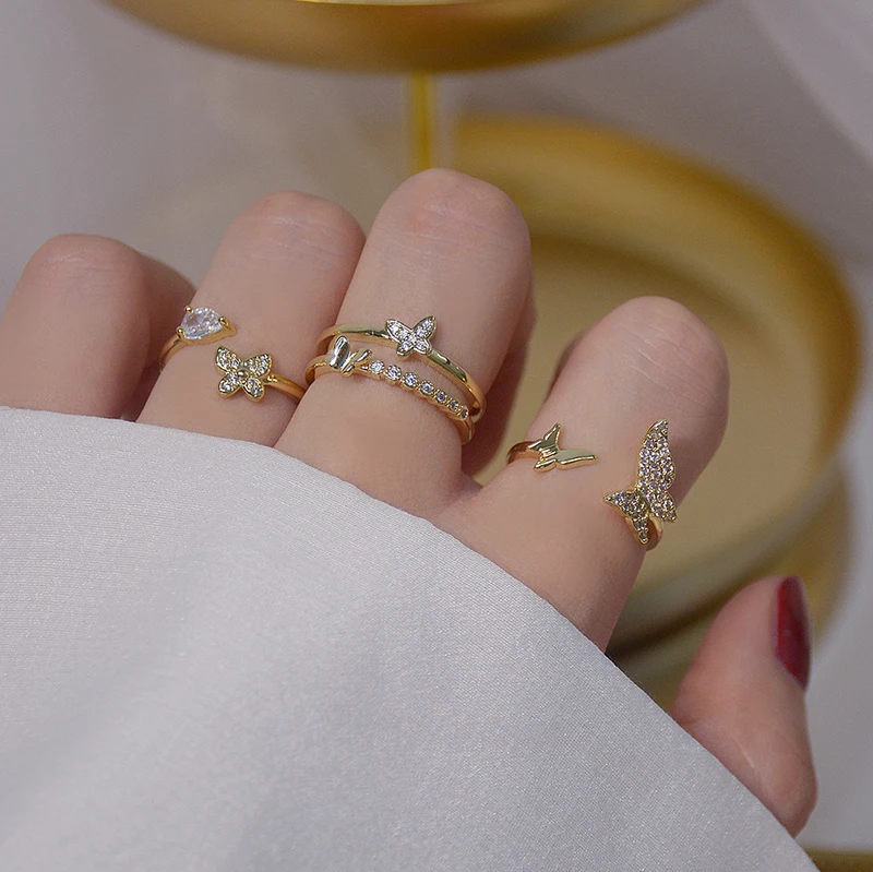 

Изящные Ювелирные изделия, 14 к позолоченные Регулируемые кольца в форме сердца с кристаллами для женщин, простые Стильные Кольца с кубическ...