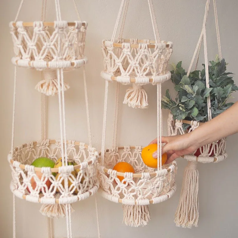 

Лидер продаж, плетеная хлопковая веревка, подвесная корзина для фруктов, многофункциональные корзины для хранения для кухни, гостиной, ванн...