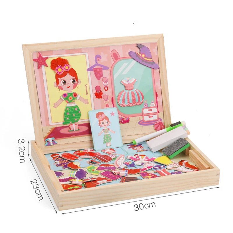 

Wooden Dressing Clothing Matching Dress Up Jigsaw Puzzle Toys Multi-functional Magnetic Double-sided Cartoon Toy for Girls