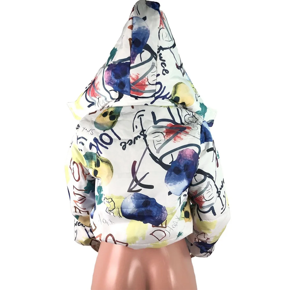 

Graffiti Print Winter Warm Parka Down Bubble Coat Jackets Women Festival Zipper Up Full Sleeve Thick Crop Puffer Jacket HotSale
