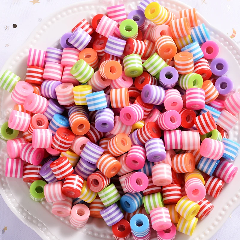 

50Pcs 10mm Multicolor Striped Cylindrical Loose Beads Resin for Handmade Bead Jewelry DIY Bracelet Necklace Accessories Making
