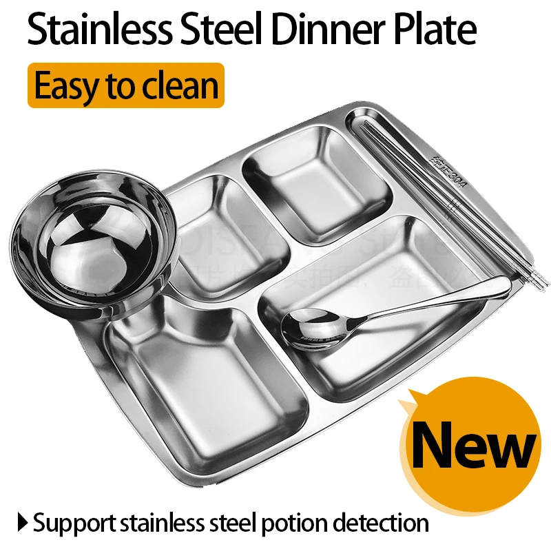 

High Quality Stainless Steel Divided Dinner Tray Lunch Container Food Plate for School Shiny polishing Mirror Silver Cutlery Set