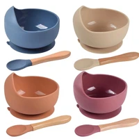 baby silicone bowl set bpa free non slip childrens suction bowl wooden handle silicone spoon food grade waterproof tableware