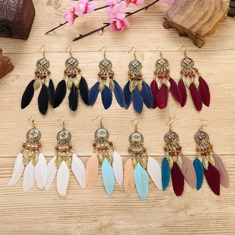 

Minar Funny Multi-Type Candy Color Real Plume Gold Color Alloy Leaves Tassel Pendant Earring for Women Girls Chic Accessories