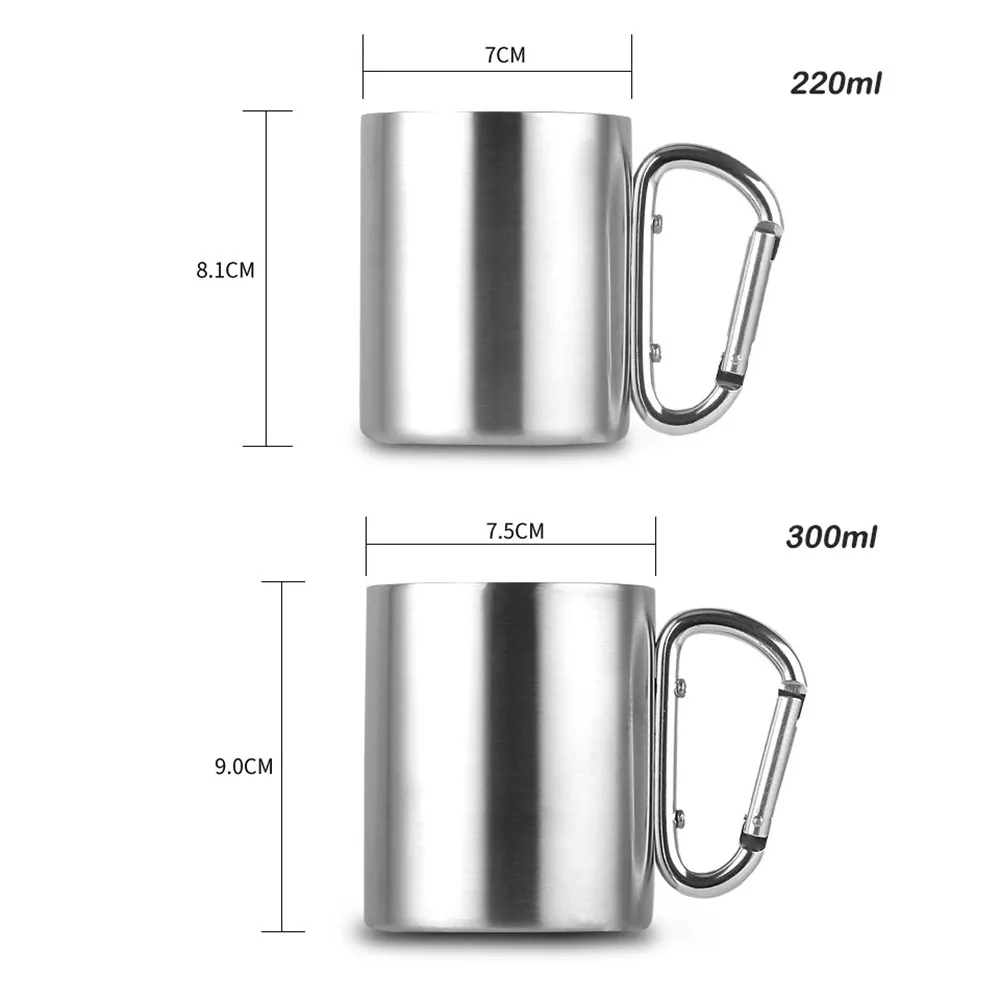 

220ML 300ML Stainless Steel Cup Protable Smooth Non-Slip With Carabiner Outdoor Camping Hiking Picnic Travel Drink Water Cup