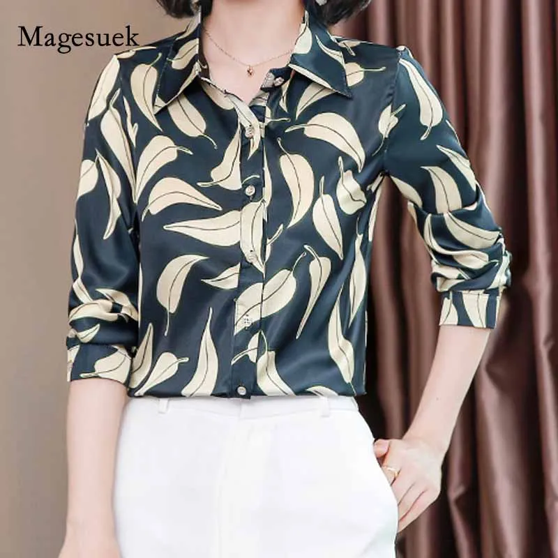 

2020 Silk Shirt Women Plus Size S-4XL Autumn Leaves Print Blouses Clothes Fashion Long Sleeve Shirts Blusas Mujer De Moda 10724