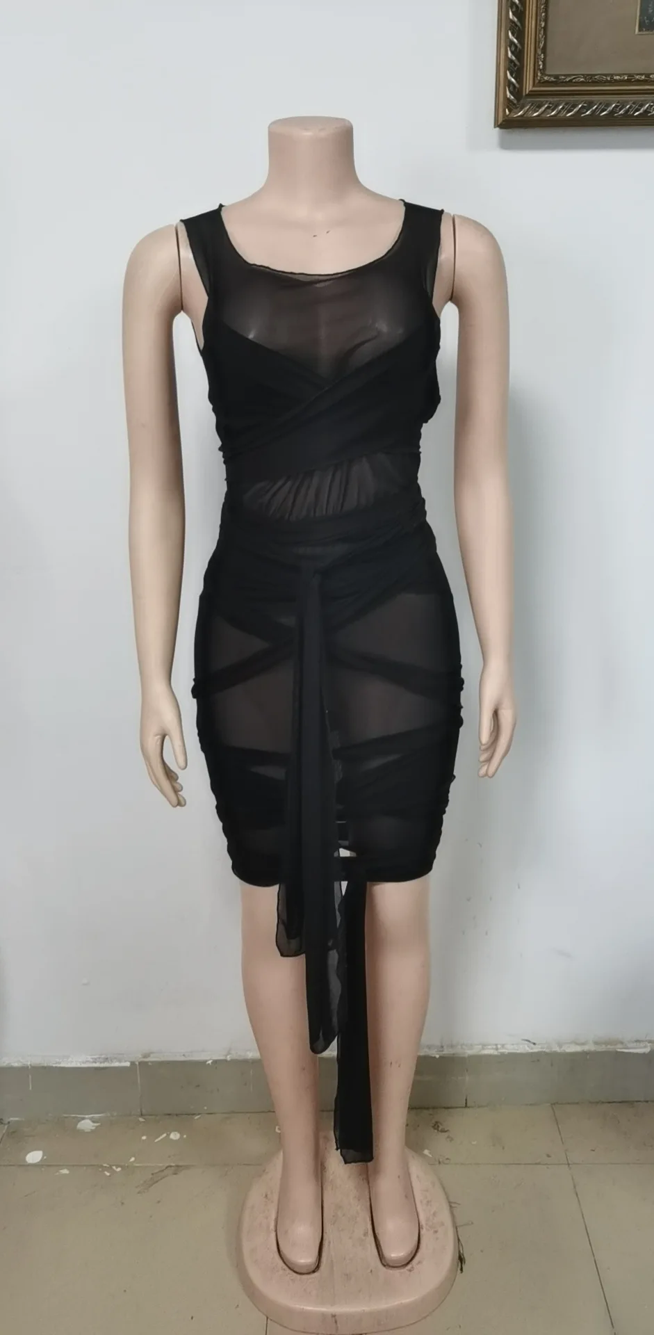 

Ribbons Mesh See Through Bodycon Dresses Women Sexy Clubwear Mini Dress Sleeveless Basic Female Outfits 21 Color S-4XL