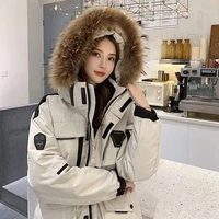 fashion hooded real fur collar down jacket men and women the same thick winter outdoor snow coat couple tooling oversized jacket