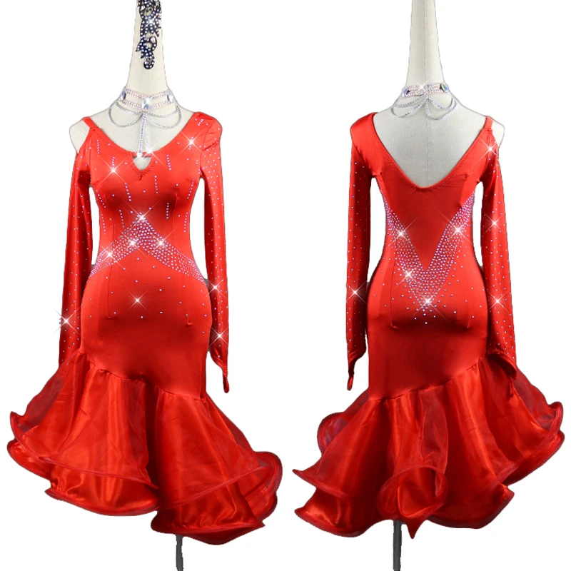 

Grand Latin Dance Dress Female Competition Costume Rhinestone Dress Fishbone Skirt Club Stage Dancing Clothes Slasa Dress BL3976