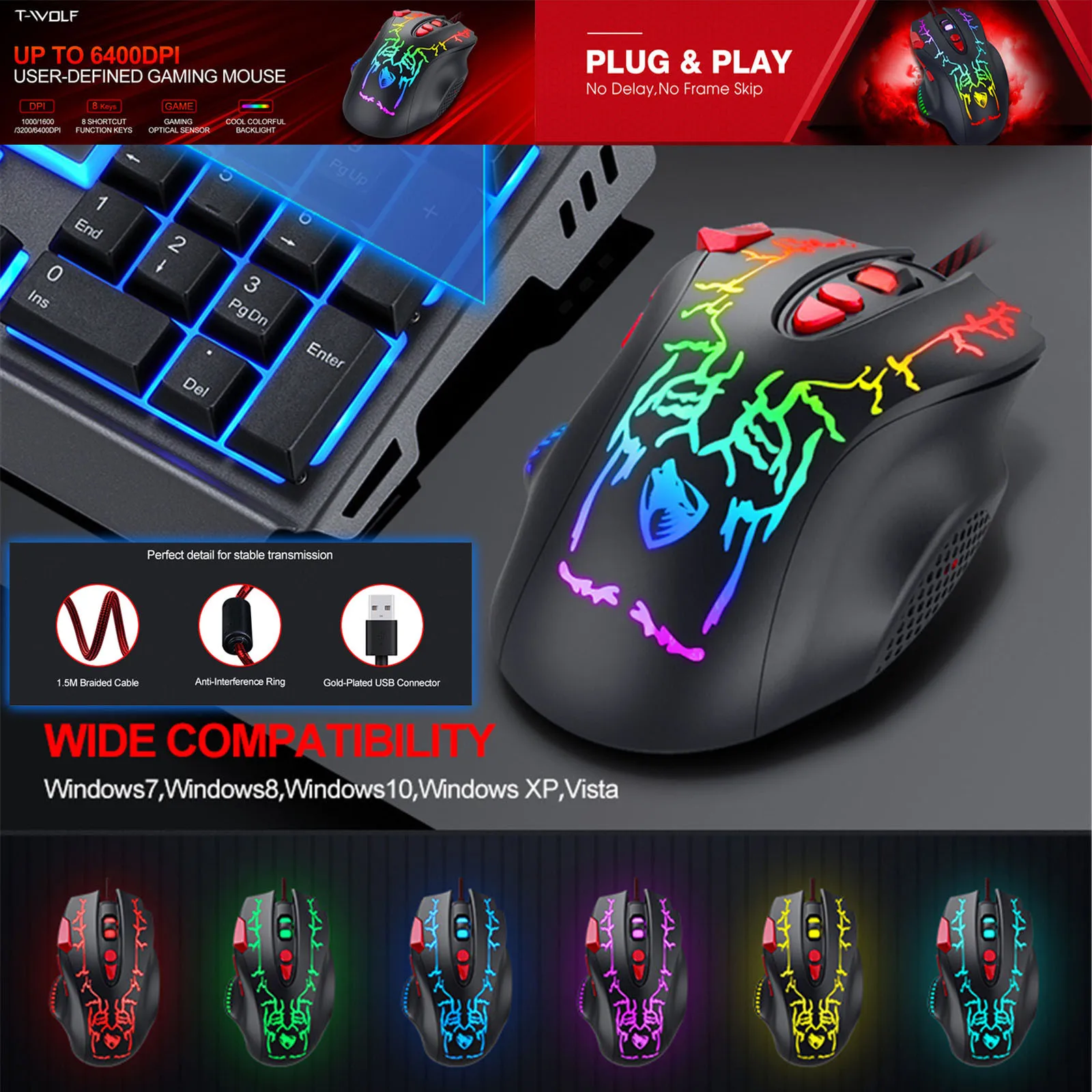 

2021 New RGB luminous wired gaming mouse USB interface four-speed DPI adjustment eight-buttons suitable for desktop laptops