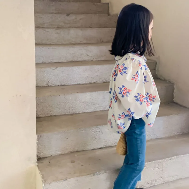 Новинка весна-осень 2021 рубашка для девочек топ с длинными рукавами и цветочным