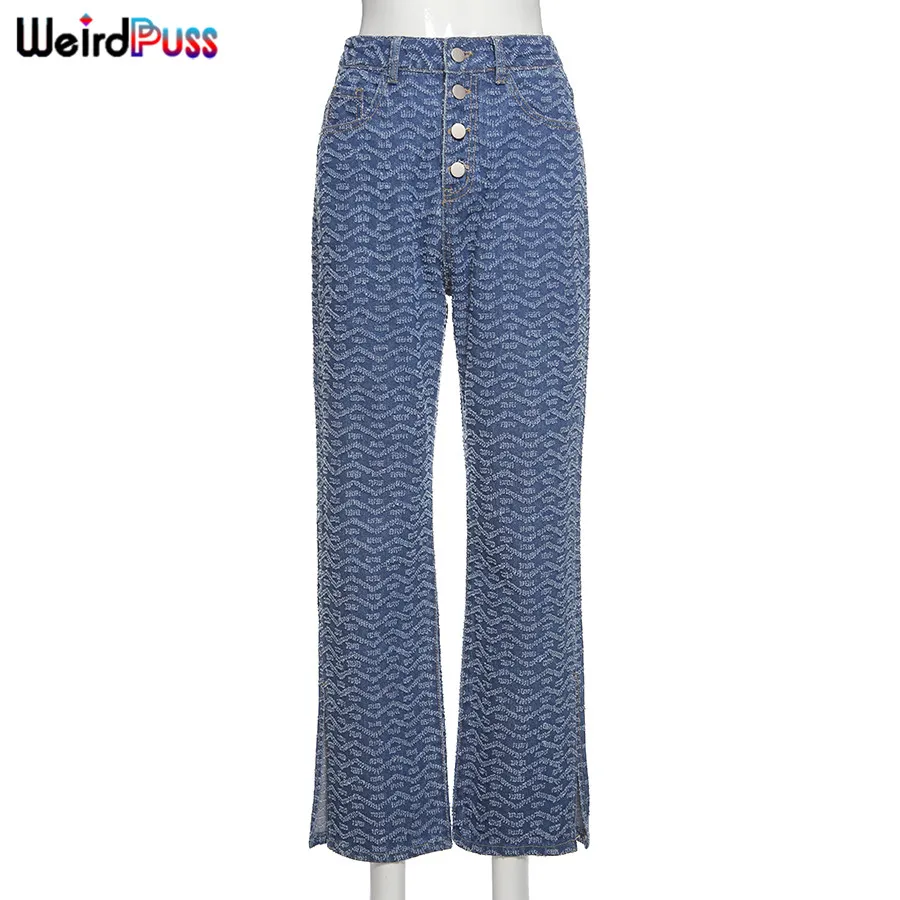 

Weird Puss High Waist Denim Skinny Straight Leg Jeans Woman Side Split Button Pocket Blue Streetwear Loose Casual Slim Trousers