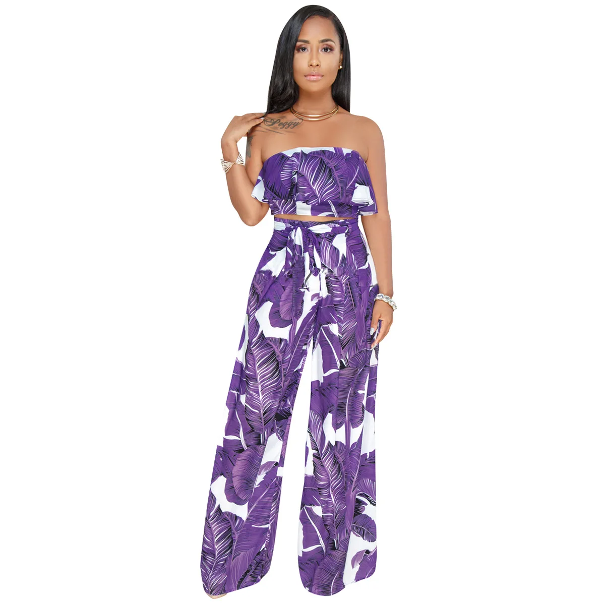 Женский комплект из 2 предметов короткий топ и брюки с открытыми плечами широкие