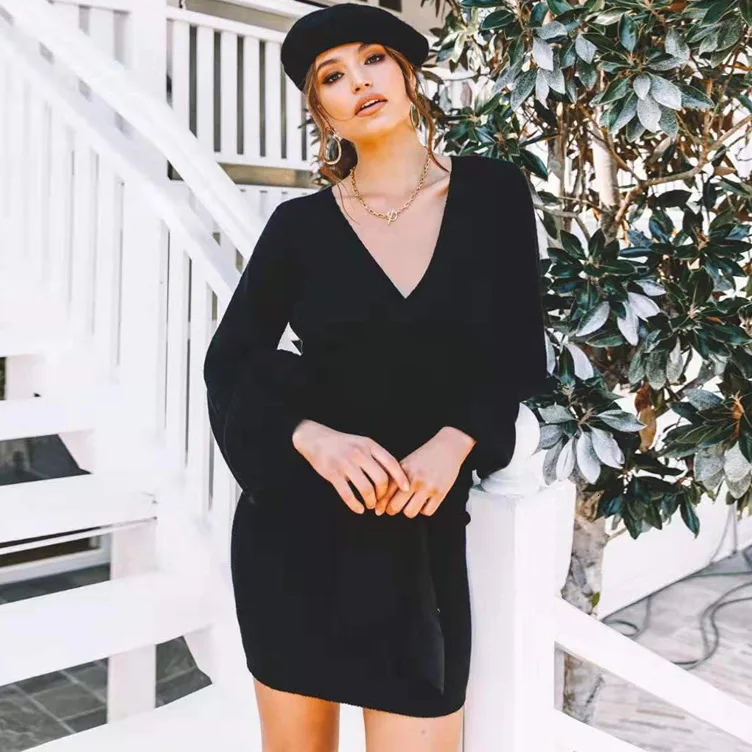 2019 сексуальное повседневное трикотажное платье с длинным рукавом фонариком