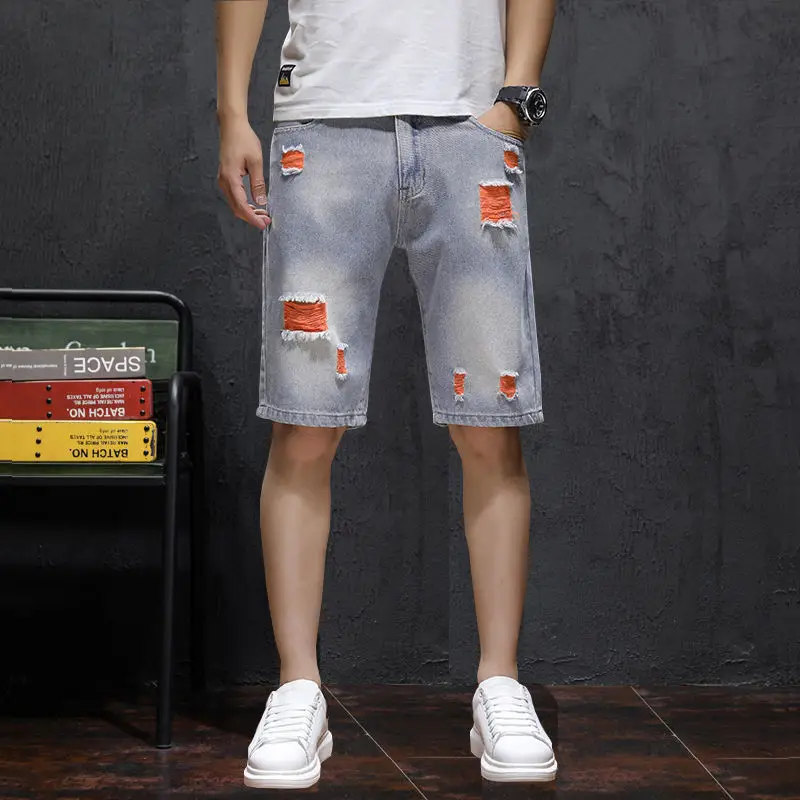 

Ripped denim summer shorts male loose plus fat plus size trendy cropped breeches middle pants thin five point pants BiggOrange